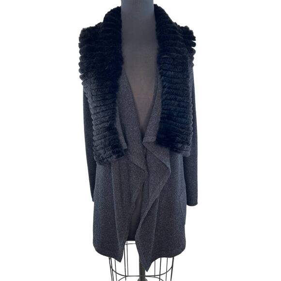 THEORY Gray Long Sleeve Maritza Fur Genuine Rabbit Collar Wool Cardigan Size L - Picture 2 of 9